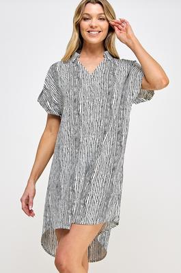 Collared V-neck Vertical Stripe Short Dress