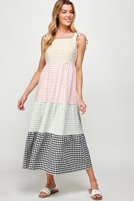 Tie Shoulder Color Block Checkered Midi Dress