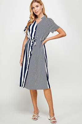 Contrast Stripe Print Mandarin Collar Midi Dress
