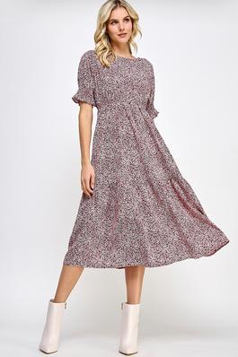 Smocked Ruffle Sleeves Printed Midi Dress