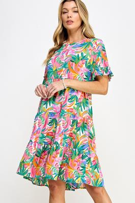 Tropical Allover Print Smock Dress