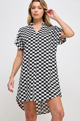 Checkered Print V-Neck Collared Short Dress