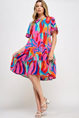 Multi Print Ruffled Sleeves Short Dress