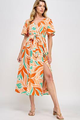 Tropical Print Flutter Sleeves Dress
