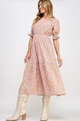 Dots Print Smocked Midi Dress