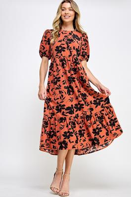 Puff Sleeves Floral Tiered Midi Dress