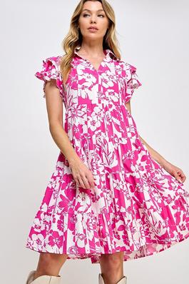 Floral Printed Layered Ruffle Sleeves Dress