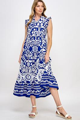 Notched Collared Printed Dress
