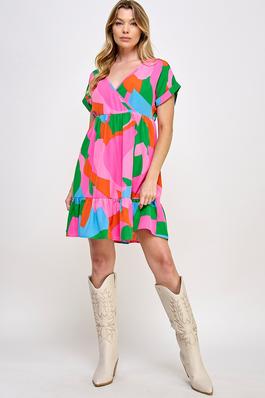 Abstract Print V-neck Short Dress
