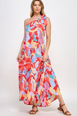 One Shoulder Bow Allover Print Maxi Dress
