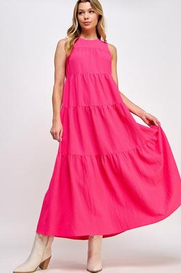 Tiered Sleeveless Solid Color Midi Dress