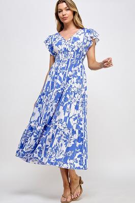 Allover Flower Print Ruffle Cap Sleeves Midi Dress