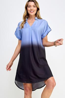 V-Neck Collared Ombre Shirt Dress
