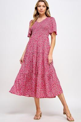 Smocked Chest Printed Tiered Midi Dress