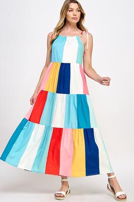 Colorblock Print Tie Shoulder Cami Dress