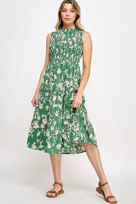 Floral Print Shirred Bodice Midi Dress