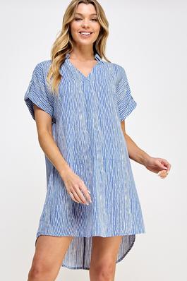 Collared V-neck Vertical Stripe Short Dress