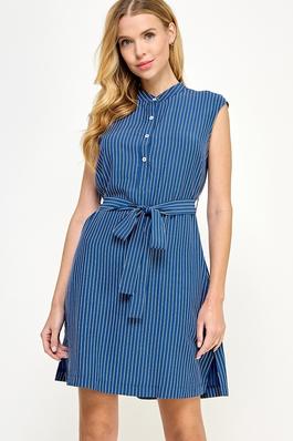 Mandarin Collar Sleeveless Stripe Short Dress