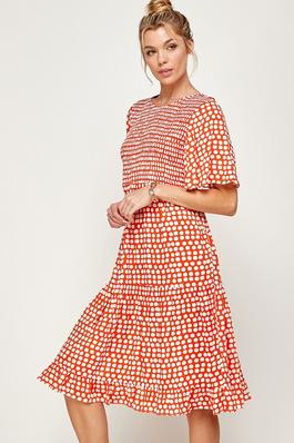 Polka Dot Print Short Bell Sleeves Midi Dress