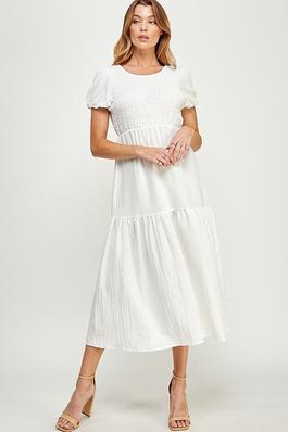 Shirred Chest Puff Sleeves Tiered Midi Dress