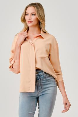 Solid Button Pocket Roll-up Long Sleeve Blouse