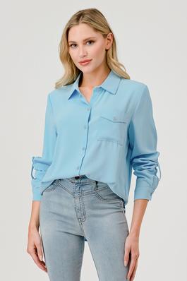 Solid Single Pocket Long Sleeve Shirt Blouse