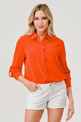 Solid Button Down Roll-up Long Sleeve Shirt Blouse