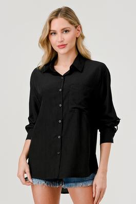 Solid Single Pocket Long Sleeve Shirt Blouse 