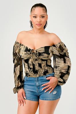 Pattern Print Sweetheart Neck Front String Top