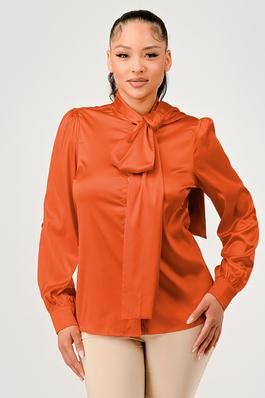 Solid Satin Front Tie Cuff Sleeve Blouse 