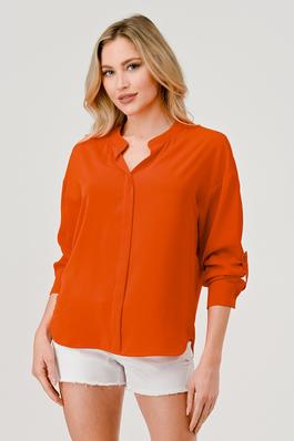 Solid V Neck Roll-up Long Sleeve Blouse