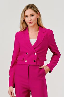 Solid Notched Lapel Double Breasted Crop Jacket
