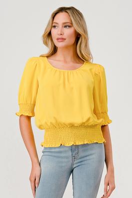 Solid Pleated Round Neck Half Sleeve Smocked Top 