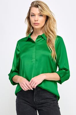 Solid Collared Half Button Long Sleeve Blouse