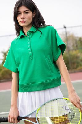 FRENCH TERRY SHORT SLEEVE COLLARED TOP
