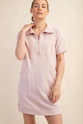 FRENCH TERRY SHORT SLEEVE QUARTER ZIP DRESS WITH C