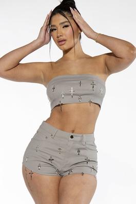 TWO PIECE TUBE TOP SHORT SET WITH CROSS TRIMS