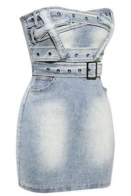 DENIM JEAN MINI DRESS WITH CROSS PATCH AND STRAPS