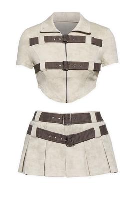 TWO PIECE LEATHER BELTED SHIRT SKIRT SET