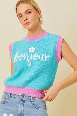 BONJOUR Letter Patch Color Block Sweater Vest