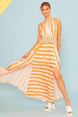 Halter Neck Waist Smocking Stripe Maxi Dress