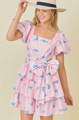 Floral Feminine Print Puff Sleeve Bow Mini Dress