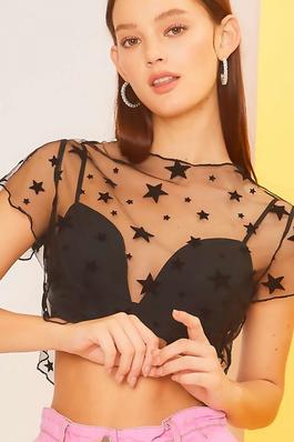 Mesh With Star Crop Top With Inside Bra Set