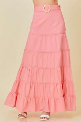 Belt With Buckle Ruffle Solid Maxi Pleated Skirt