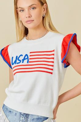USA Flag Embroidered Sleevless Ruffle Sweater
