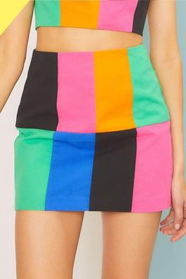 Back Zipper Color Block Denim Mini Skirt