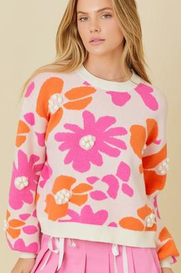 Floral Jaqcuard Sweater With 3D Pom Detail