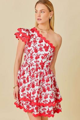 Ric Rac Trim Floral Print One Shoulder Mini Dress