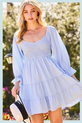 Bubble Sleeve Smocking Top Tier Gingham Dress