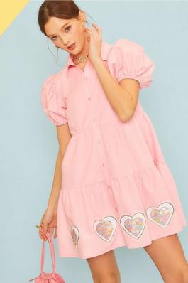 Short Bubble Sleeve Bottom Heart Patch Solid Dress